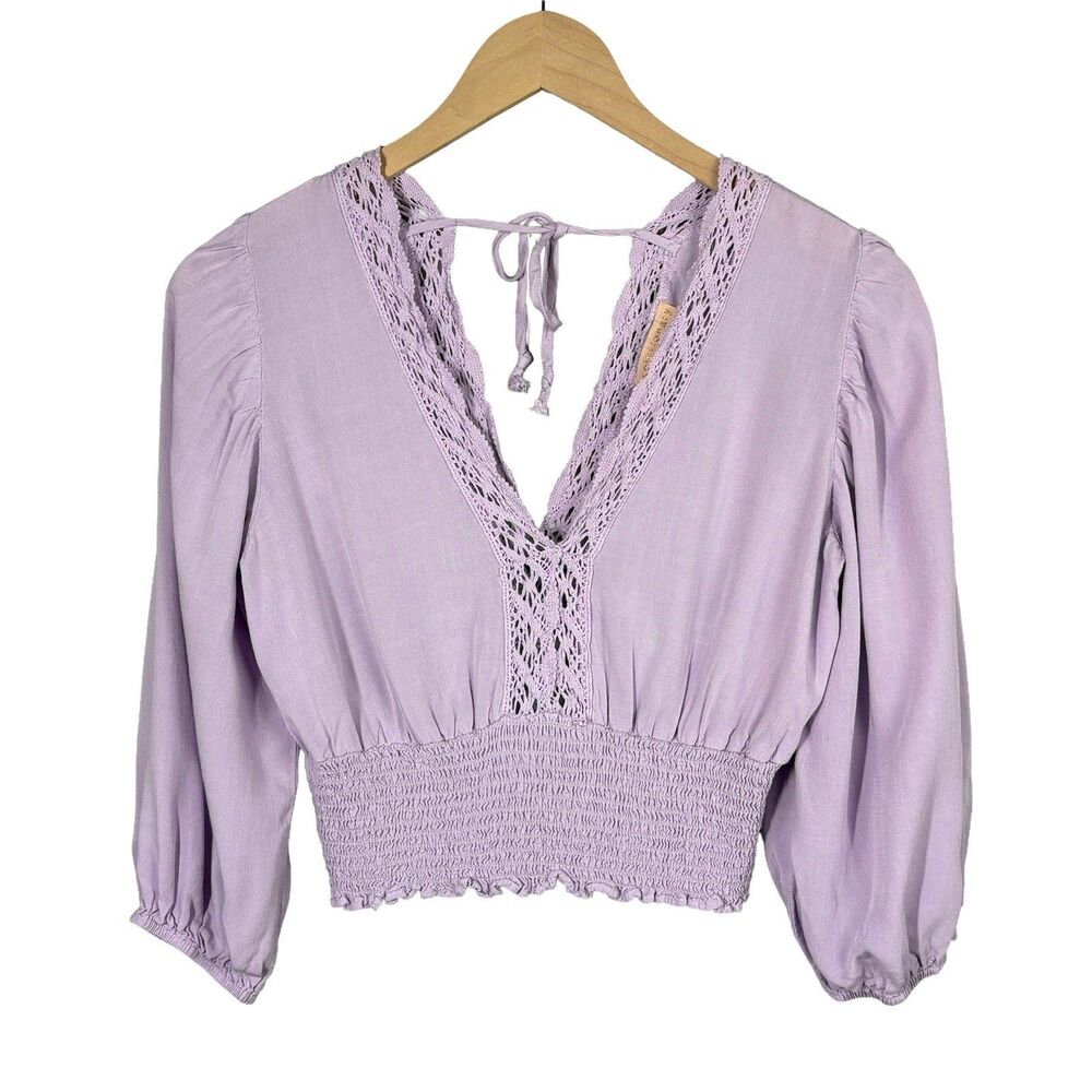 Evolutionary Top Women M Purple VNeck Crochet Lace Cropped Peasant Boho Fairy